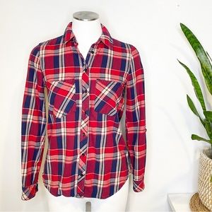 Blank NYC | Plaid Button Down Shirt, 100% Cotton, Red and Navy Blue Sz. XS